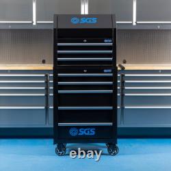 SGS Coffre à outils Pro 26 pouces avec 8 tiroirs et cabinet à roulettes, couvercle à vérin à gaz, prises de courant