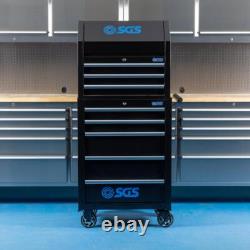 SGS Coffre à outils pro de 26 pouces avec 8 tiroirs et cabinet sur roulettes, couvercle à vérin à gaz, prises de courant