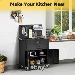 Table de travail en métal avec panneau perforé et tiroirs de rangement à outils verrouillables sur roues